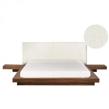 Cama moderna con plataforma y mesitas de noche, cabecero de bouclé marrón 160 x 200 cm Zen