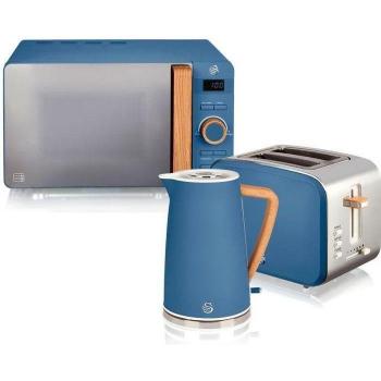 Swan Nordic Set Desayuno: Hervidor de agua 1,7L 2200W, Tostadora de pan ranura ancha para 2 rebanadas, Microondas digital de 20L, diseño moderno con efecto
