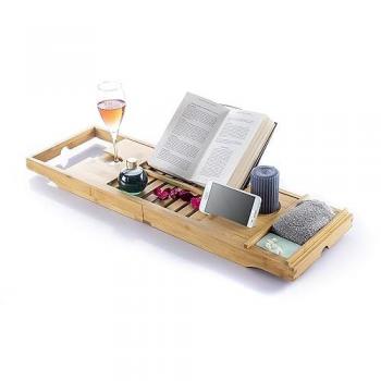 Bandeja para Bañera de Bambú Extensible InnovaGoods Trayth, dimensiones 70-104 cm, incluye bandeja extraíble, ranura de sujeción para smartphone, soporte para copas y 3 niveles de inclin