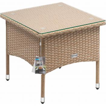Mesa Auxiliar de Rattan Gris/Beige, Resistente a la Intemperie, Altura Ajustable, Tapa de Cristal, Capacidad de Carga 80kg, Dimensiones 1.6x1.6x