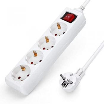 Regleta Aigostar 4 vías con 1.5 metros, 16A, 250V, blanca, con interruptor de encendido, hasta 3680W, protección infantil y orientación de tomas a 45 grados para