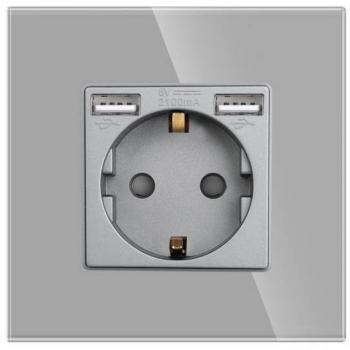 Base enchufe EU 16A + cargador rápido USB A+A KOOB frontal cristal gris