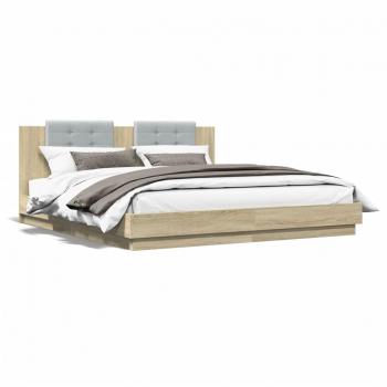 Cama solar con cabecera y LED Sonoma Oak 160x200 cm, estructura de cama con cabecero y luces LED en color roble Sonoma, dimensiones 160x200 cm, color marrón