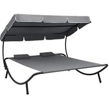 Gray Outdoor Sunbed with Canopy and Cushions