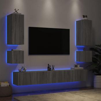 Mueble de TV de pared con luces LED 6 piezas gris Sonoma vidaXL