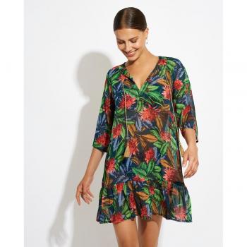 Vestido de playa corto con estampado tropical y veraniego