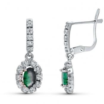 Pendientes de Oro Blanco 18k para Mujer con Piedra Ovalada Central y Circonitas, 19 cm