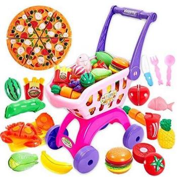 Buyger 2 en 1 Supermercado Carrito Compra Frutas y Verduras Juguete para Cortar Cocina Alimentos Accesorios Regalo Cumpleaños para 3 4 5 Años Niños Niñas