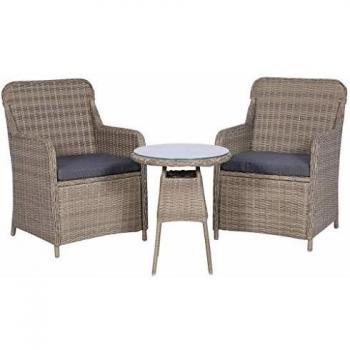 3-Piece Brown Poly Rattan Bistro Set with Cushions