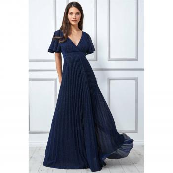 Goddiva Lurex Pleated Maxi Dress - Navy - Size 8 UK