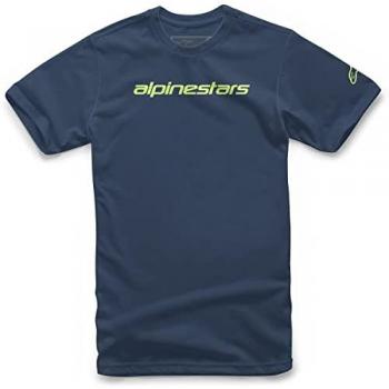 Camiseta Alpinestars Linear Wordmark Tee Navy/Lime, camiseta de manga corta, cuello redondo, color azul marino con detalles en lima