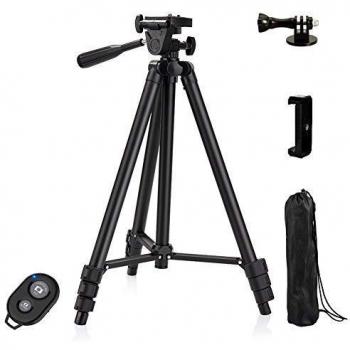Dezuo 130cm Aluminio Trípode Móvil para Cámara, iPhone, Gopro, Incluye Universal Soporte Smartphone y Adaptador de Gopro y Control Remoto Bluetooth
