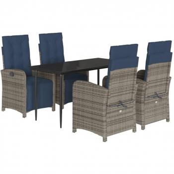 5-Piece Grey Poly Rattan Garden Dining Set with Cushions