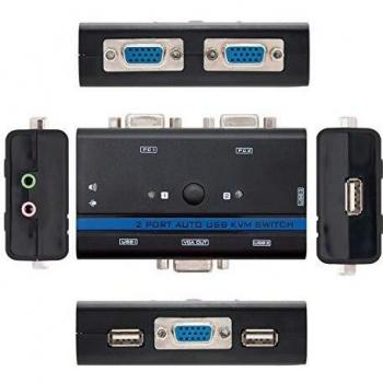 NANOCABLE  10.12.0001 - Switch Conmutador KVM para controlar 2 PCs con un Solo Teclado, Raton, Monitor y Altavoces, VGA USB 1U-2PC con Cable, Negro