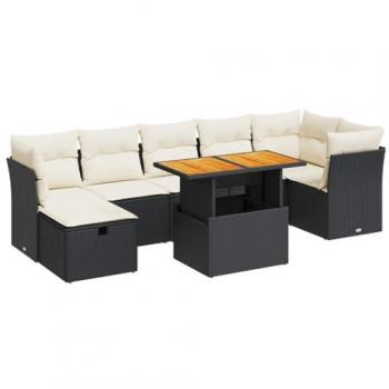 8-Piece Black Poly Rattan Garden Sofa Set with Cushions and Acacia Frame