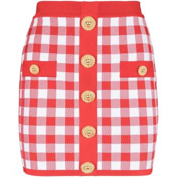 Balmain Women's Vichy Buttoned Mini Skirt in Red | Size 38 | CF1LB292KF51MEF