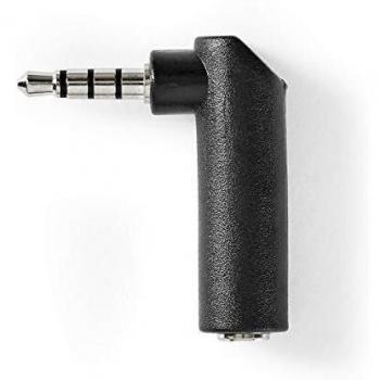 Adaptador de audio estéreo 3.5 mm macho a hembra, ángulo de 90°, 4 polos, niquelado, negro