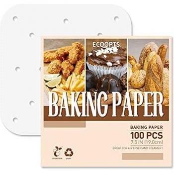 100 Piezas Papel Freidora Aire Forros Cuadrados para freidoras de Aire 19 cm Alfombrilla de Vapor Antiadherente, Papel de pergamino sin blanquear Perforado para Hornear Galletas - Blanco