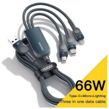 Cable 3 en 1 Essager 66W USB Tipo C, Micro USB y Lightning de 1.2M azul para iPhone, Samsung, Xiaomi y Huawei