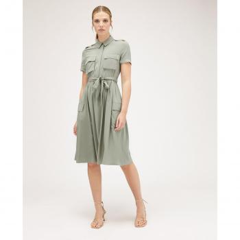 Motivi Vestido Corto Estilo Safari de Gasa de Viscosa con cuello vela y botonadura inglesa