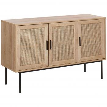 Aparador de madera clara con frente de ratán natural y patas de metal, 120 x 40 cm, estilo boho Pasco