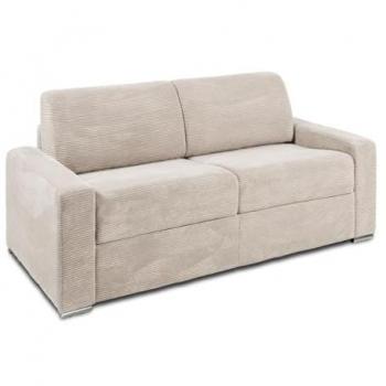 Sofá cama de 3 plazas con apertura rápida en pana beige - Colchón de 140 cm y 18 cm CALITO