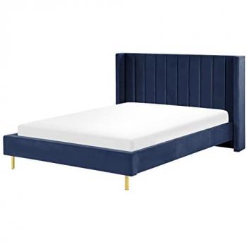 Cama King Size de Terciopelo Azul Marino con Somier y Listones 160 x 200 cm Estilo Moderno Villette