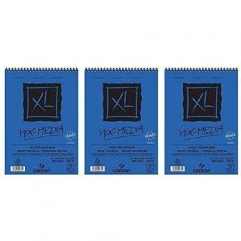 Canson XL Mix Media Cuaderno de papel para dibujo, con espiral, costado pequeño, 15 hojas, grano fino, 300 g, A5, color blanco – Lote de 3