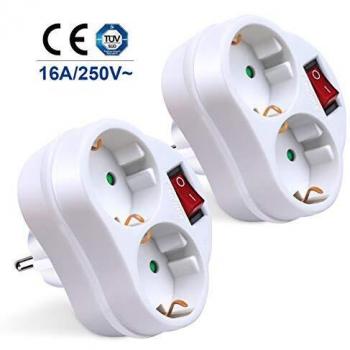 Extrastar adaptador con interruptor y 2 enchufes schuko.2 paquetes 16A/250V~ MAx.3680W