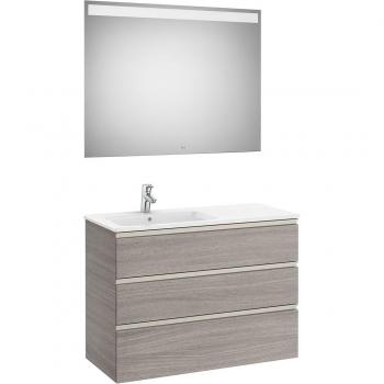 Conjunto de mueble de baño Roca The Gap con 3 cajones, lavabo a la izquierda y espejo con luz LED, color Roble City