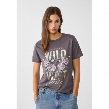 Stradivarius Metallic Graphic T-Shirt Dark Grey XS