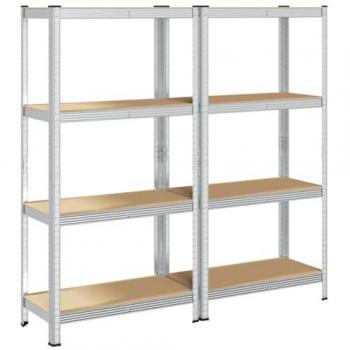 Estantes de almacenamiento de 4 capas, 2 unidades, acero plateado y madera técnica