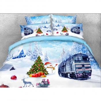 Beddingleer Juegos de Fundas para Edredón Tencel algodón mezcla Juegos de Ropa de Cama Azul Claro Tren de Navidad Impresión Juegos de 4 piezas, Navidad Estilo, 240 x 225 cm
