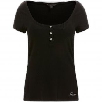 Guess Women's Black Ribbed Henley T-Shirt with Jewel Buttons - Size XL