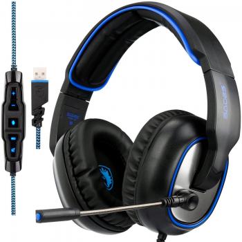 SADES R7 - Auriculares para juegos audífonos USB 7.1, Audífonos estéreo para juegos superplanos con micrófono retráctil Botón EQ Bass Boost para PC y Mac, Negro y Azul