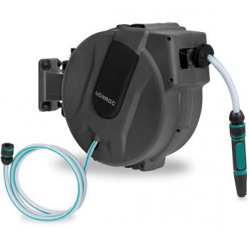 Carrete automático para manguera VONROC - Negro - Incluye 25m de manguera de jardín, manguera de conexión, boquilla, acoplamientos y conector de grifo