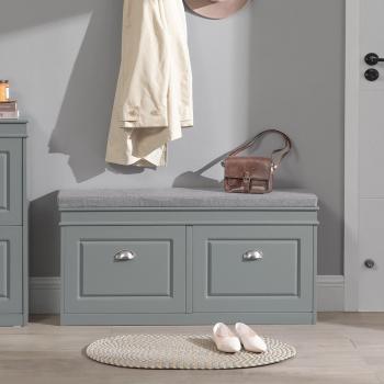 Zapatero de banco de zapatos de pasillo con cajón abatible y cojín de asiento, FSR64-HG Gris, dimensiones L104 x P24 x H51cm