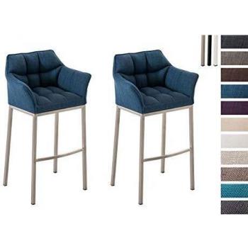 Set de 2 Taburetes de Bar Damaso en Tela Azul con Base de Acero Inoxidable y Respaldo