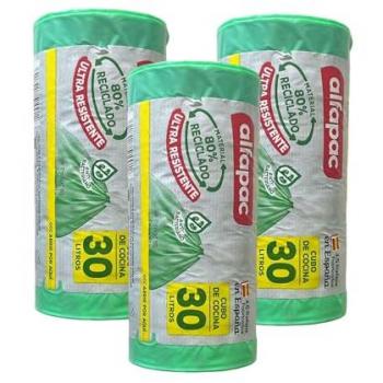 Bolsas de basura Antibacterias 30L autocierre, 80% reciclado, 3 rollos de 15 bolsas (45 bolsas), dimensiones 55x60cm, ultra resistentes, triple capa, antigoteo