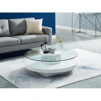 Mesa de Centro RYHALI - Tablero Giratorio - Cristal Templado y MDF Blanco
