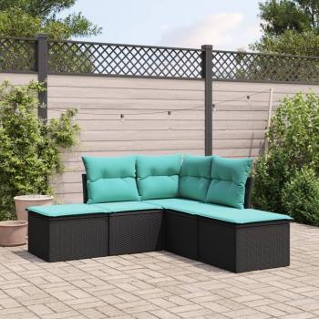 5-Piece Black Poly Rattan Garden Sofa Set with Cushions