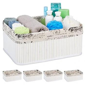 Cestos de Almacenamiento Retro en Tela y Bambú - Set de 5 Rectangulares para Estante de Baño (16,5x38x28,5 cm) - Color Blanco
