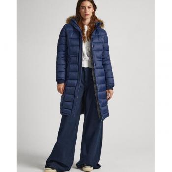 Pepe Jeans May Largo Marino Abrigo de Mujer con Capucha de Pelo Desmontable