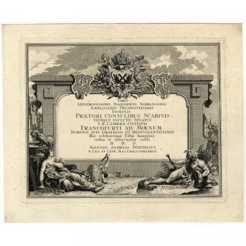 Antiguo print-title page-allegory-main-mercury-beehive-stork-kleiner-heumann-1738