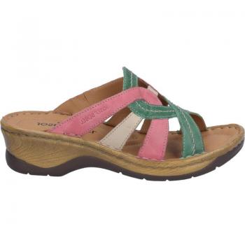 Cómoda Chancla cómoda mujer Catalonia-01 de Josef Seibel combinada piel rosa-beig-verde con ajuste de elástico, planta anatómica acolchada en piel, cuña antideslizante, altura tacón bajo (