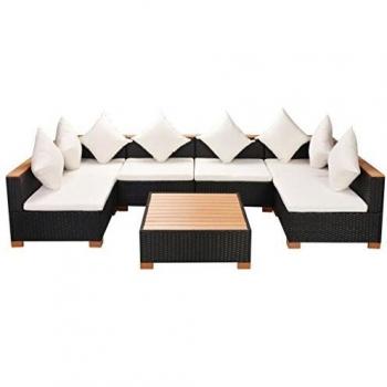 7-Piece Black Poly Rattan Garden Lounge Set with Cushions