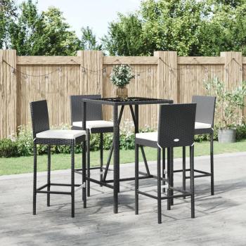 5 Piece Black Poly Rattan Garden Bar Set with Cushions