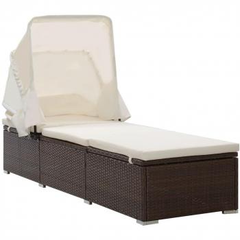 Brown Poly Rattan Sun Lounger with Canopy and Cushion