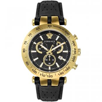 Versace Bold Chrono Black Leather Gold Watch for Men - Yellow - One Size