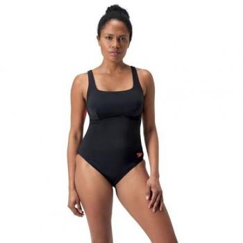 Speedo Flex Band Bañador de Natación para Mujer con Sujetador Integrado, Color Negro/Rojo Sirena, Talla 32